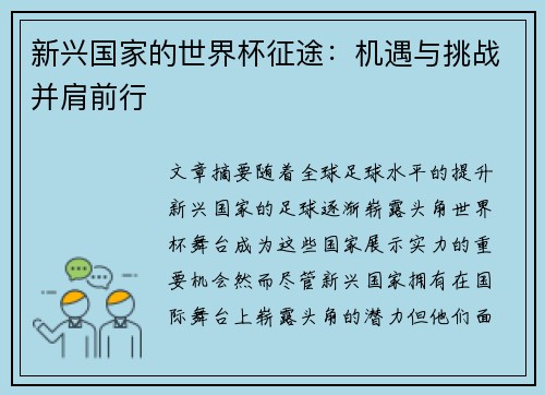 新兴国家的世界杯征途：机遇与挑战并肩前行